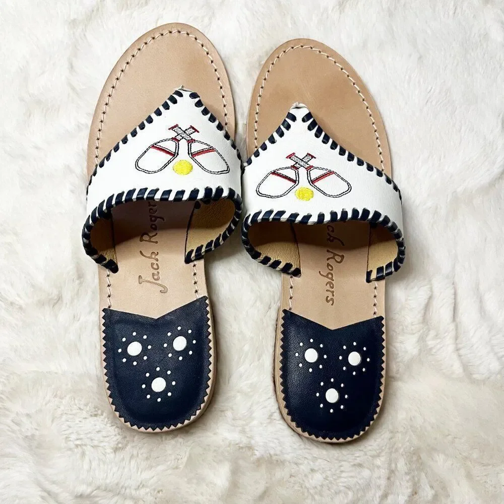 Jack Rogers Pickleball‎ Embroidered Whipstitch Flat Thong Sandals NWOT Size 9